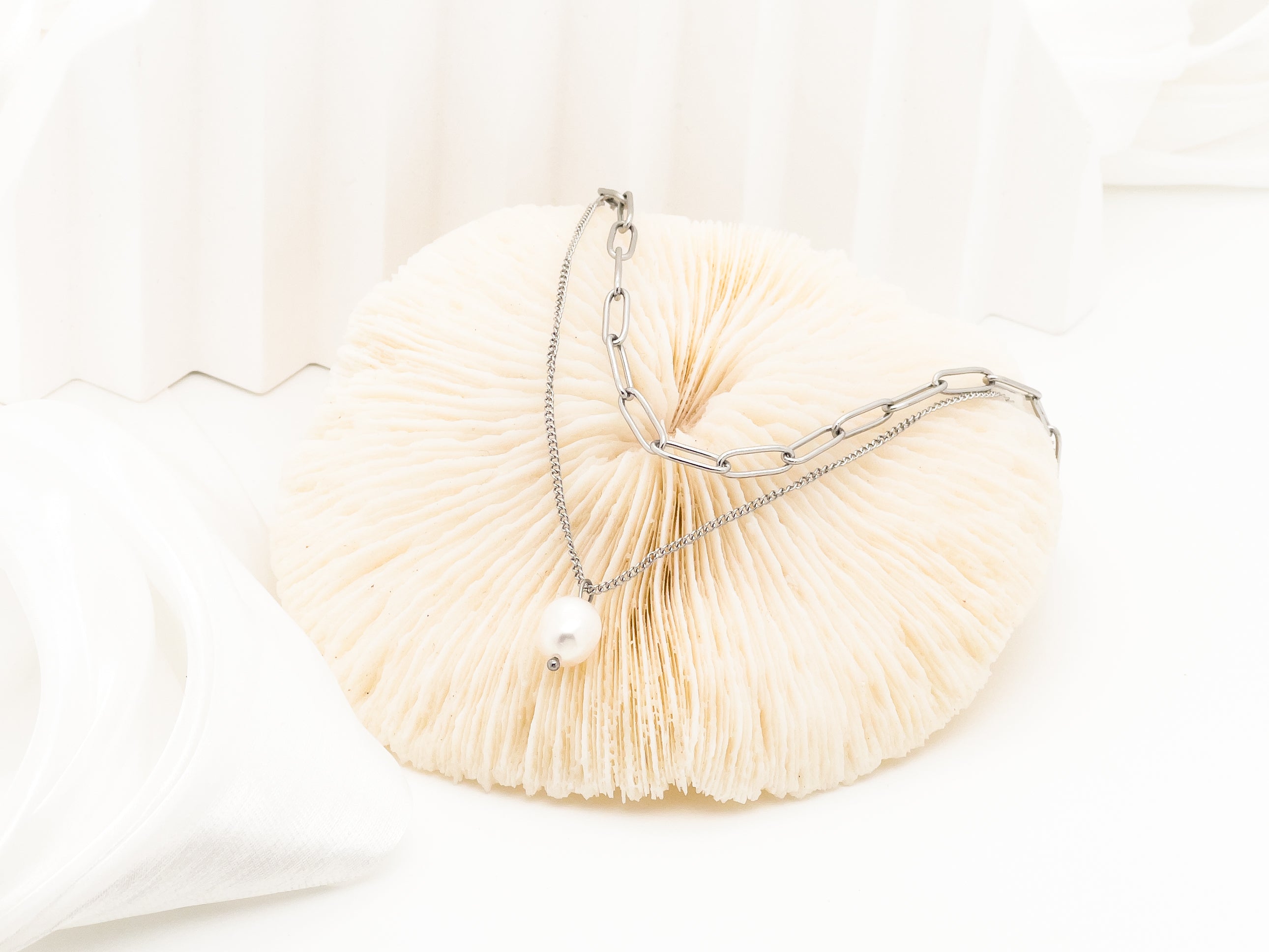 Brunette Pearl Silver Layered Chain Necklace | Chic Chic Bon
