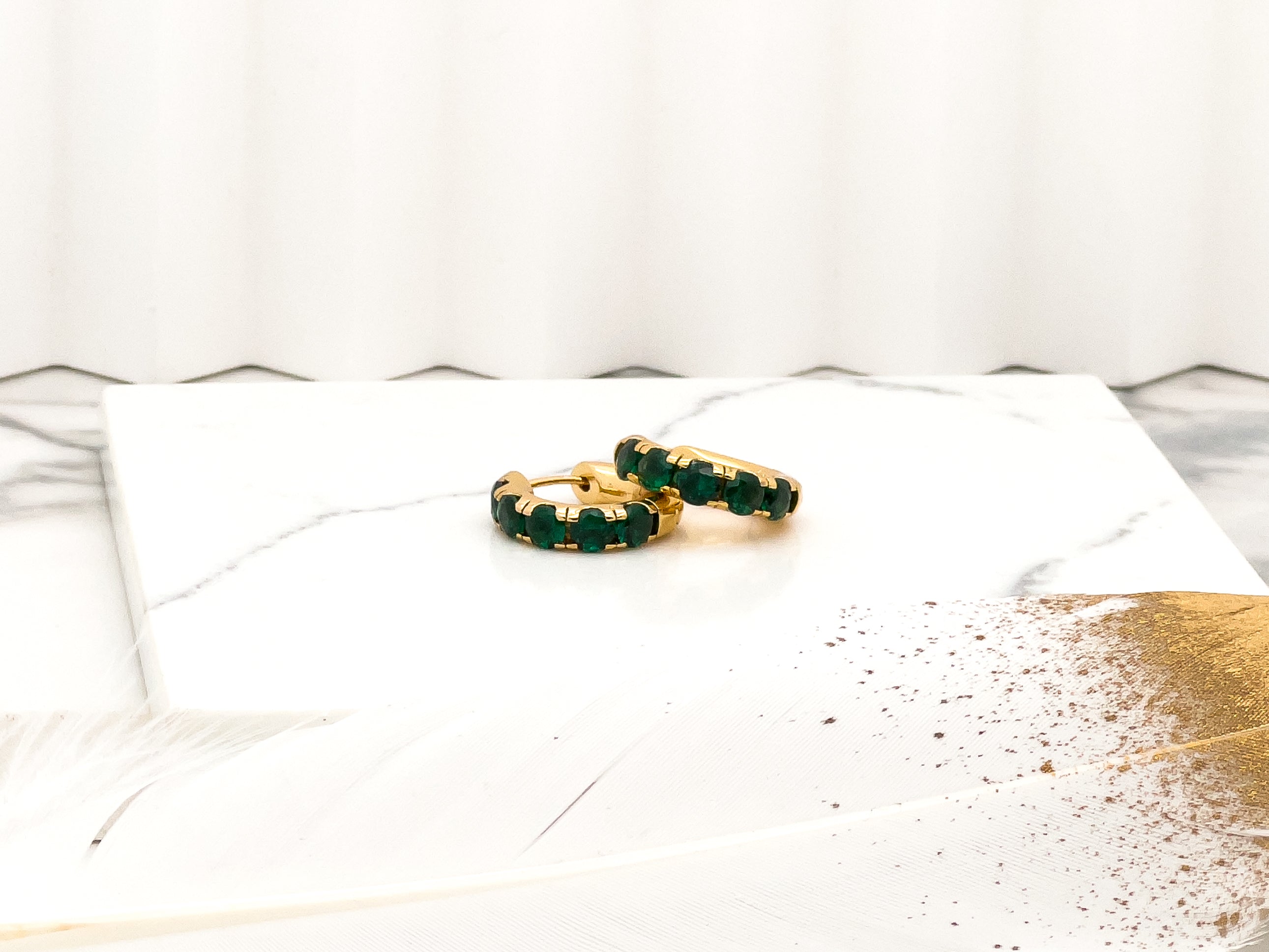 Emerald green crystal gold hoops earring